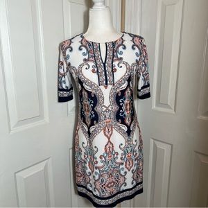 Roz & Ali White Coral Navy Paisley Keyhole Half Sleeve Dress Size 2P